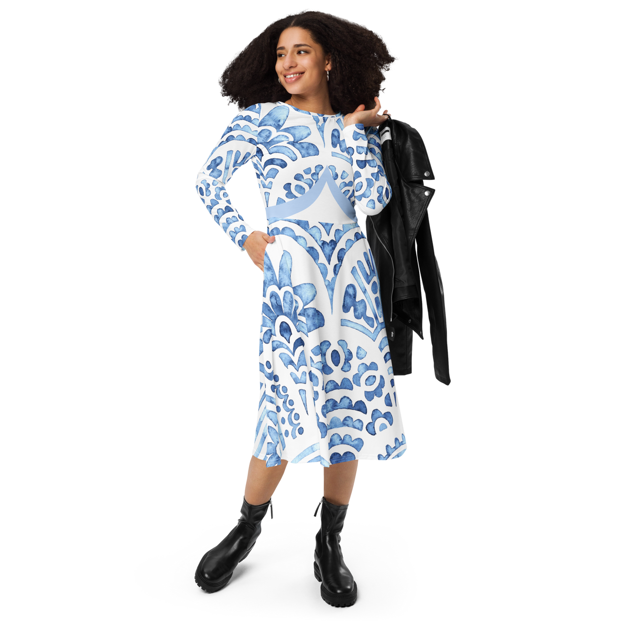 All-over print long sleeve midi dress