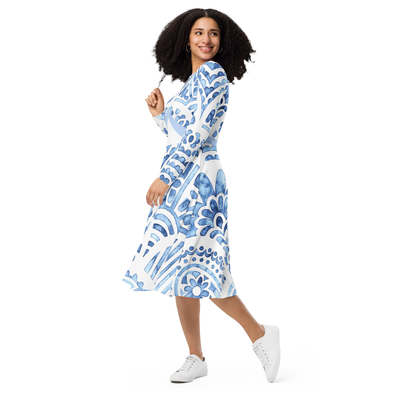 All-over print long sleeve midi dress